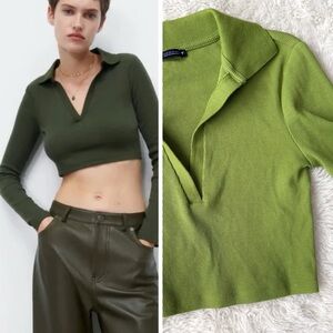 Zara Woman Chartreuse Green Ribbed Collared Knit Long Sleeve Sweater SMALL Y2K